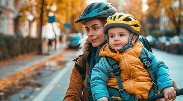 A woman and a child in protective helmets are riding a bike down a street photo