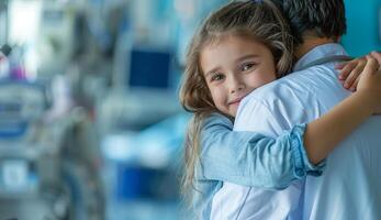 médico abrazando pequeño niña en hospital habitación. sonriente joven niña siendo retenida por un médico foto