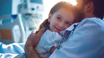 médico abrazando pequeño niña en hospital habitación. sonriente joven niña siendo retenida por un médico foto