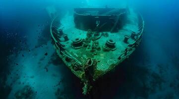 A shipwreck is seen in the ocean deep underwater photo