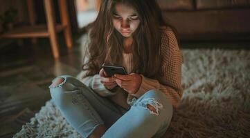 Teenager browsing internet on mobile device and playing with smartphone apps photo