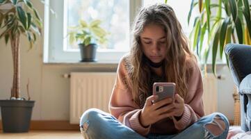 Teenager browsing internet on mobile device and playing with smartphone apps photo