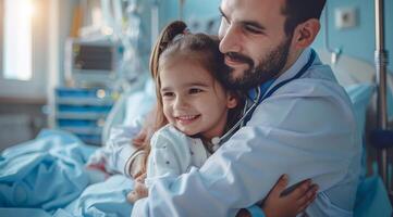 médico abrazando pequeño niña en hospital habitación. sonriente joven niña siendo retenida por un médico foto