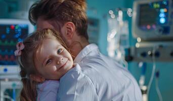 médico abrazando pequeño niña en hospital habitación. sonriente joven niña siendo retenida por un médico foto