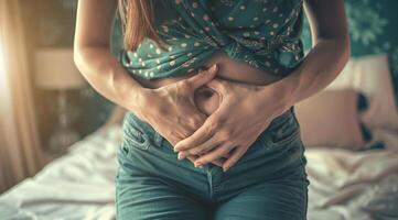 un mujer es participación su estómago, estómago dolor durante menstruación o estreñimiento o otro enfermedad foto