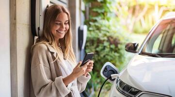 Young attractive lady is charging her electric car while looking at her smartphone photo