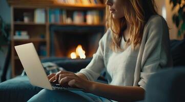 A woman at home with a laptop or tablet browsing internet, paying bills and shopping online photo