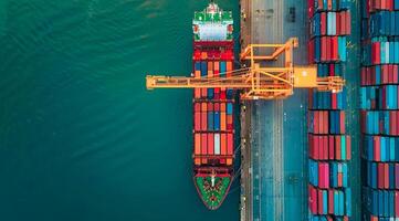 International container cargo ships docked in port near warehouse storage and cranes photo