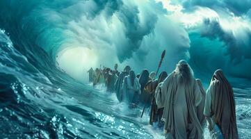 Moisés Guías el éxodo de el israelitas y judios fuera de Egipto y a través de el rojo mar foto