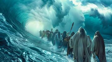 Moses leads the Exodus of the Israelites and jews out of Egypt and across the Red Sea photo