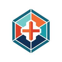 un minimalista logo presentando un cruzar en un hexagonal forma en un blanco fondo, un minimalista logo representando el campo de medicamento, incorporando un sencillo geométrico forma vector