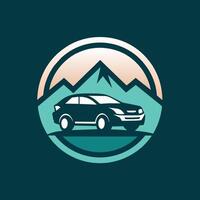A car travels on a road, with majestic mountains in the backdrop, A clean and minimalist logo incorporating a rental car icon in a creative way vector