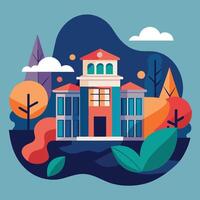 A house stands surrounded by lush trees under a cloudy sky in this minimalist illustration, A minimalist illustration of a campus building against a backdrop of abstract shapes vector