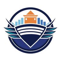 A minimalist logo featuring a lighthouse atop a blue and orange design, A minimalist logo inspired by the concept of global trade and commerce vector