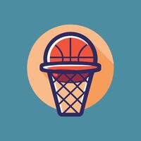 un baloncesto se sienta dentro un baloncesto aro, Listo para un juego, un limpiar y moderno representación de un baloncesto aro y red vector