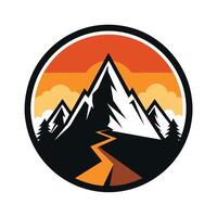 A road cuts through a mountain, showcasing the rugged terrain and man-made infrastructure, A minimalistic logo design incorporating a mountain silhouette for a hiking trip planner vector