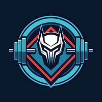 The emblem of a robot lifting a barbell in a gym setting, A futuristic interpretation of a gym environment through a minimalist art style vector