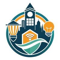 A graphic logo featuring a light bulb overlaying a cityscape in the background, A bold, graphic logo representing a college with a focus on innovation and creativity vector