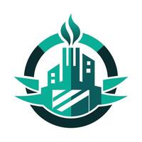 Logo featuring green and black colors with a building in the center, symbolizing manufacturing, A design that captures the essence of manufacturing through minimalism vector