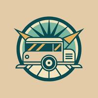 A bus is parked in the center of a circle in an urban setting, A minimalist logo featuring a stylized silhouette of a food truck vector