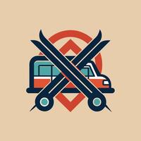 un autobús con un par de tijeras en frente de él, un limpiar y sencillo diseño presentando un soltero negrita letra entrelazados con sutil comida camión elementos vector