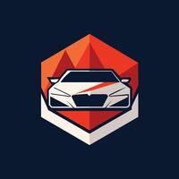 un coche con un rojo triángulo firmar indicando un potencial peligro o advertencia, un geométrico Acercarse a representando coche alquileres en un minimalista logo vector