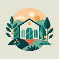 A house nestled within a surrounding of trees and bushes in a peaceful setting, A geometric interpretation of a serene home and garden scene vector