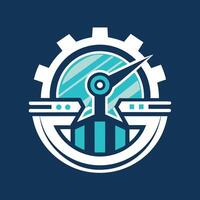 A modern logo featuring a blue and white color scheme with the inclusion of a wrench symbol, A contemporary logo representing the power of automation in manufacturing vector