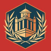 un emblema presentando un central edificio rodeado por rojo y azul elementos, un limpio, geométrico logo representando un prestigioso Universidad vector