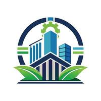 logo diseño para un empresa incorporando un edificio y verde hojas para un moderno y Respetuoso del medio ambiente onda, un limpiar y moderno interpretación de un producción instalaciones funciones vector