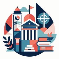 Clock tower overlooking a stack of books in a scholarly setting, An abstract composition inspired by academia, using clean lines and limited color palette vector