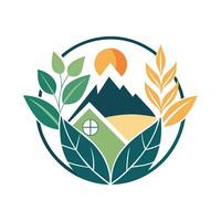 un casa anidado entre un denso racimo de hojas, rodeado por imponente montañas en el fondo, un moderno logo diseño incorporando elementos de naturaleza y domesticidad vector