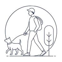 un hombre es sin prisa vagante mediante el parque con su perro, un minimalista contorno de un persona caminando un perro, minimalista sencillo moderno logo diseño vector
