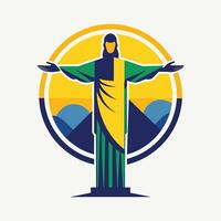 estatua de Jesús Cristo en pie alto con montañas en el fondo, un moderno giro en el Cristo el redentor estatua en rio Delaware janeiro vector