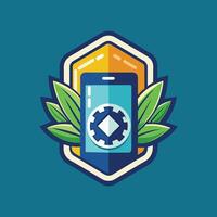 A leaf rests on a cell phone, symbolizing a connection between technology and nature, A minimalistic emblem for a revolutionary app development company vector