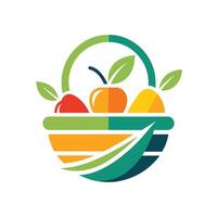 un tejido cesta desbordante con un variedad de Fresco frutas y verduras, un logo para un local comida despensa ese caracteristicas un estilizado Fruta cesta vector