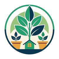 Inside a green house, two potted plants add to the vibrant atmosphere, A minimalist design for a community garden organization with a plant motif vector