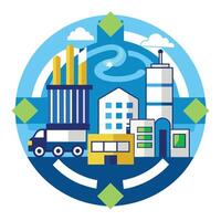 View of a bustling city with tall buildings and trucks on the roads, A minimalist graphic symbolizing the intricacies of supply chain management in industry vector