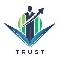 The trust logo features an arrow pointing to a man in a suit, symbolizing trustworthiness and professionalism, A modern and minimalist logo symbolizing trust and expertise in financial consulting vector