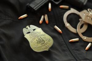 KYIV, UKRAINE - MARCH 9, 2024 US FBI Federal Bureau of Investigation badge on black jacket uniform with gun, bullets and handcuffs photo