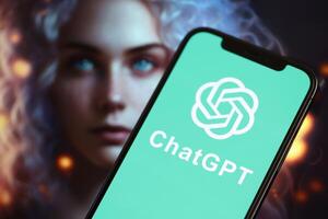 KYIV, UKRAINE - MARCH 17, 2024 ChatGPT logo on iPhone display screen with background of artificial intelligence futuristic image photo