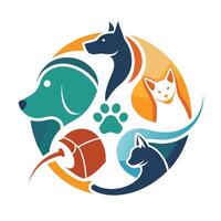 A dog and a cat are standing together inside a circle shape, An abstract representation of various pets and their accessories vector
