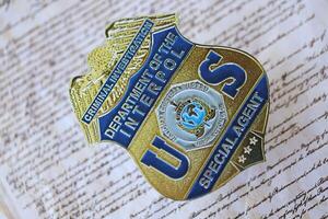 KYIV, UKRAINE - MARCH 9, 2024 US Interpol Special Agent badge on United States Constitution photo