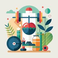 Various objects in a flat design layout, showcasing a diverse collection of shapes and colors, An abstract artwork inspired by the concept of health and wellness in a gym setting vector