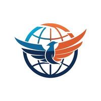 A bird with wings flying around a globe in a modern logo design, A modern logo with a stylized world map and flying bird, minimalist simple modern logo design vector