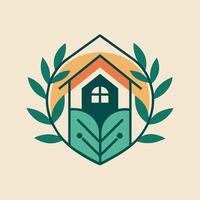 A house enclosed by a ring of leaves with another house in the center, A minimalist emblem capturing the essence of home and garden aesthetics vector