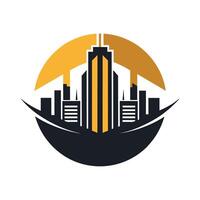 A city skyline with a yellow sun shining in the center, casting a warm glow over the buildings, A logo design using negative space to create the shape of a city skyline vector