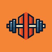 Two dumbbells and a barbell are displayed on a bright orange background, A simple logo of a dumbbell with clean lines and negative space vector