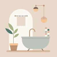 un baño presentando un bañera y un en conserva planta, con limpiar líneas y un minimalista diseño, un minimalista baño con limpiar líneas y un neutral color paleta vector