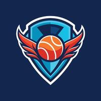 A basketball ball with wings floating on a blue background, A simple, bold logo for a tennis team, minimalist simple modern logo design vector